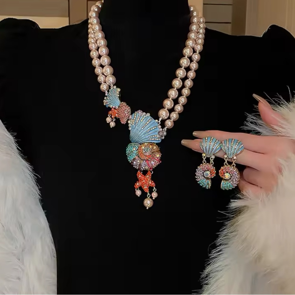 Ariel - Crystal Pearl Double-layer Necklace&Earrings Retro Design. High Quality